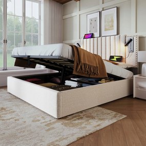 Franciaágy Kárpitozott ágy 140x200cm Usb Hidraulikus pamut, Bézs