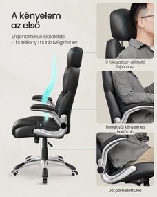 SONGMICS STEVON ergonomikus irodai és gamer forgószék, állítható fejtámlával, felhajtható karfákkal, max. 150 kg, fekete