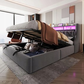 Kárpitozott ágy Franciaágy Led aljzat hidraulikus 180x200cm szürke