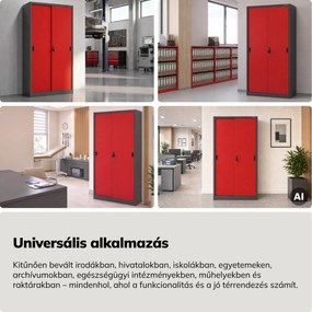 Fém irodai szekrény tolóajtókkal, antracit-piros, 900x1850x400 mm: KUBA