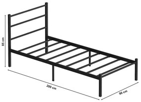 FERON fém egyszemélyes ágy 90x200 cm, fekete, teherbírás 120 kg