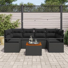 7 részes kerti kanapé szett párnákkal, fekete, poli rattan, akácfából, 2 személyes kerti kanapé párnákkal, fekete, poli rattan