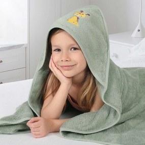 Goldea gyermek frottír fördőlepedő csuklyás - zsiráf zsályaszínű alapon 100 x 100 cm