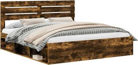 vidaXL Ágykeret fejtámlával Füstölt tölgy 200 x 200 cm Tömör fenyőfa