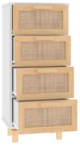 fehér tömör fenyő/természetes rattan tálalószekrény 40x30x90 cm