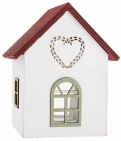 Házikó szívvel fa gyertyatartó üveggel, 15 cm, piros