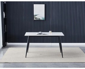 Márványhatású fehér kerámia étkezőasztal fekete fém lábakkal, 130×70 cm (HT-403M)