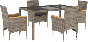 vidaXL 5 részes szürke polyrattan/üveg kerti étkezőgarnitúra párnával
