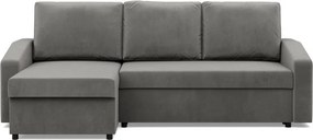 Zeus sarokkanapé, 2 ágyneműtartóval, döntött kartámasz, bársony, univerzális oldal, bonell töltet, világosszürke