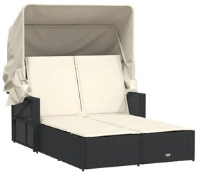 Fekete polyrattan dupla napozóágy tetővel és párnával