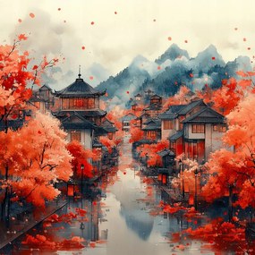 Vászonkép Canvas Tájkép Város Házak Ázsia Ősz Kína Hegyek 80x80