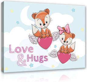 Vászonkép 100x75 Szívek szárnyakkal és kis rókákkal