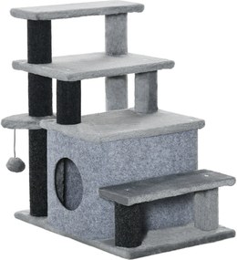 PawHut Kutyaszám 3/4 Lépcső 66 cm Magas Háziállat Lépcső Alvó Barlanggal, Rámpával, Játékfallal, Macskák Felszereléséhez Közepes Méretű Kutyákhoz, Szü