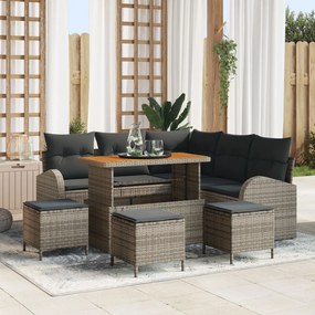 8 db-os kerti kanapé szett párnákkal szürke poli rattan akáccal, 2 fős kerti kanapé párnákkal szürke poli rattan, 3 db-os kerti étkező szett párnákkal szürke poli rattan akáccal