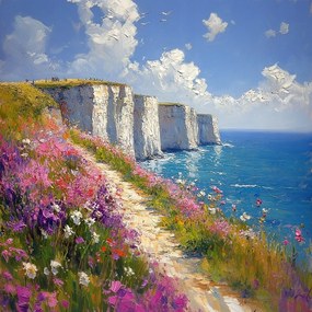 Vászonkép Canvas Sziklák Dover Sziklák Virágok Rét Tenger Nyár 80x80