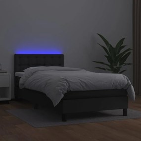 fekete műbőr rugós ágy matraccal és LED-del 90x190 cm