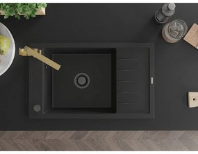 Mexen Elias, gránit mosogató gránit 795x480x200 mm, 1 kamrás, fekete, fekete szifonnal és arany Rita mosogató csaptelep, 6511-77-670300-50-B