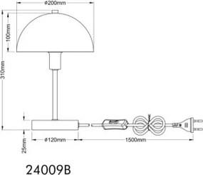 Globo 24009B Asztali lámpa, matt fekete fém, fekete PVC kábel, billenőkapcsoló a kábelen, ø: 200mm, M: 310mm, kábelhossz 1500mm, 1x E14 40W 230V izzó nélkül