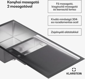 Klarstein TitanSteel konyhai mosogató lefolyóval, 100 x 45 cm, 2 mosogató, rozsdamentes acél, hőálló