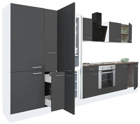 Yorki 360 konyhabútor fehér korpusz,selyemfényű antracit front alsó sütős elemmel polcos szekrénnyel és alulfagyasztós hűtős szekrénnyel