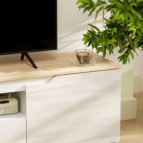 TV-szekrény, 160 x 38 x 43 cm akár 65"-os tévékhez, 3 rekesszel, fiókkal, natúr fa