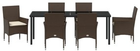7 Darabos Kerti Étkezőkészlet Párnákkal Barna Poli Rattan, Kerti Asztal Fekete 200x80x73 cm Edzett Üveg