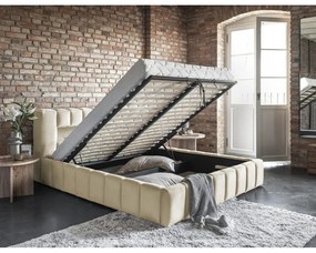 Bézs kárpitozott ágyneműtartós franciaágy ágyráccsal 160x200 cm Lamica – ELTAP