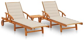 2 db tömör akácfa napozóágy asztallal és párnákkal