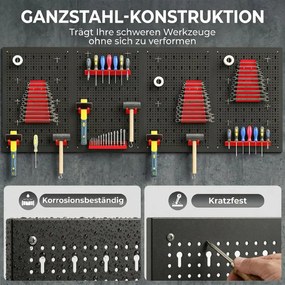 Fali szerszámtartó polcrendszer, akasztókkal, polcokkal, fekete és piros