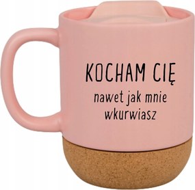 Rózsaszín Bögre Fedéllel És Parafa Aljjal Ajándék Szeretlek