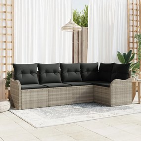 5 részes kerti kanapé szett párnákkal, világosszürke poli rattan, 2 fős kerti kanapé párnákkal, világosszürke poli rattan