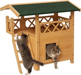 PawHut Macska Ház Aszfalt Tetővel, Két Szintes, Macska Kunyhó Erkélyes, Macska Villa Lépcsőkkel, Tömör Fa, Természetes, 77 x 50 x 73 cm | Aosom