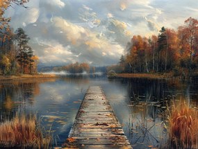 Vászonkép Canvas Tájkép Erdő Tó Móló Ősz Köd 80x60