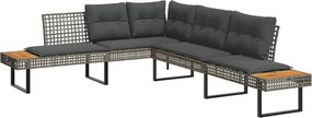 vidaXL szürke polyrattan és akácfa L-alakú kerti kanapé párnával