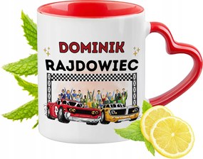 Piros bögre szív alakú füllel Dominiknak Ajándék