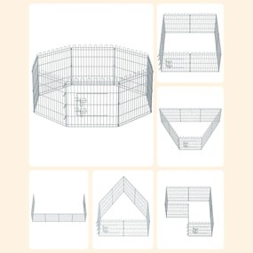 Kutya kennel, kutyaketrec, 61 cm magas, összecsukható kifutó 8 paneles, ezüst | VASHOME