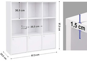 Könyvespolc, tárolópolc 3 ajtóval, fehér 97x97x29cm