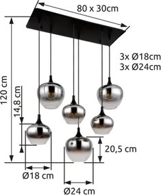 Globo 15548-6H Függeszték fém matt fekete, füstszínű üveg, fekete textil kábel, HxSzxM: 860x420x1200mm, üveg átmérő: 3x18 és egyenként 24 cm, nem tartozék: 6x E27 40W 230V