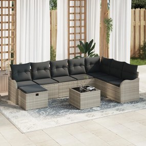 9 Darabos Kerti Sofa Készlet Párnákkal Világosszürke Poli Rattan, 2-Személyes Kerti Sofa Tárolóval és Párnákkal Világosszürke Poli Rattan
