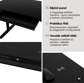 Elektromos ülő-álló íróasztal fiókkal és Qi vezeték nélküli töltővel fekete, 1400 mm: ELLIS