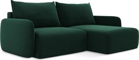 Sötétzöld bársony kinyitható-tárolóhelyes sarokkanapé (jobb oldali-heverő résszel) Kalena – Makamii