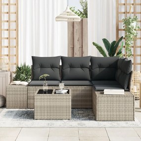 5 darabos kerti sofa szett párnákkal, szürke polirattan