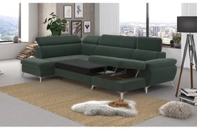 Zöld CATANIA balos U-alakú sarokkanapé tárolóval, ággyá nyitható