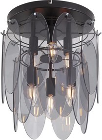 Art Deco mennyezeti lámpa fekete füstüveggel ovális 6-lámpás - Mochan