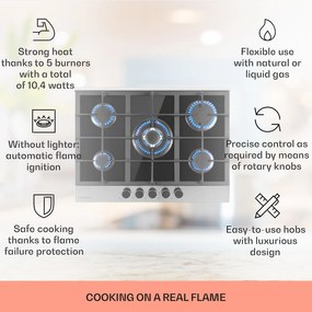 Klarstein Alchemist, gázfőzőlap, 5 alumínium égő, üvegkerámia, fekete