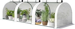 Outsunny mini kertészeti alagútszerű üvegház paradicsomhoz 3 x 1 x 0,8 m, porfestett acélváz, 140 g/m² UV-álló PE, 3 feltekerhető cipzáras ajtó (fehér