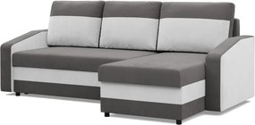 Hewlet sarokkanapé, 2 ágyneműtartóval, szövet anyag, univerzális oldal, hab töltet, szürke - fehér