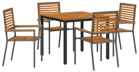 5 darabos kerti étkező szett szürke poli rattan akáccal, összecsukható kerti székek párnákkal 2 db szürke poli rattan, kerti asztal 90x90x75 cm szilárd akácfából és fémből