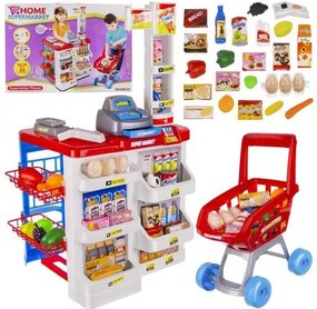 Nagy méretű szupermarket játék bevásárlókocsival, pénztárgéppel, elemes vonalkódolvasóval, mérleggel, kiegészítőkkel