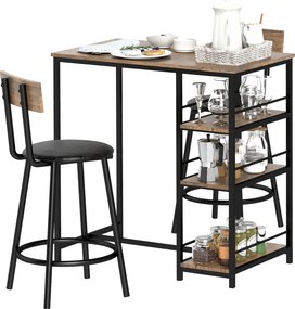 HOMCOM Bárasztal Bárszékkel, 2 Személyes Bárasztal Szett 2 Párnázott Bárszékkel, Hátpárral, Konyhai Asztal 3 Polccal, Modern Stílusú, Reggeli Pult Étk